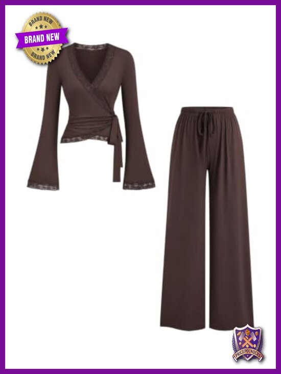 Other - Women's 2 Piece Lace Wrap Top & Wide Leg Pants Set